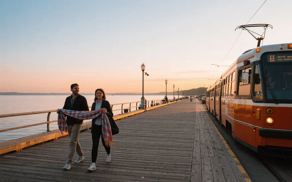 多伦多湖滨步道与电车线路的日落场景，旅行纪实风格
