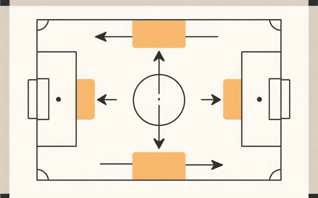 战术板风格插图：球场俯视，箭头标出肋部反插与边路引诱，展示换人后攻防结构变化