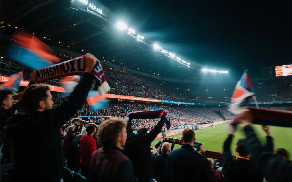 世界杯球场看台上不同人群一起挥舞围巾与旗帜的沉浸式应援场景