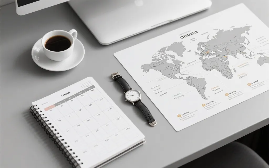 世界时区与世界杯观赛时间规划的桌面，日程本、咖啡杯与时钟的极简风插画