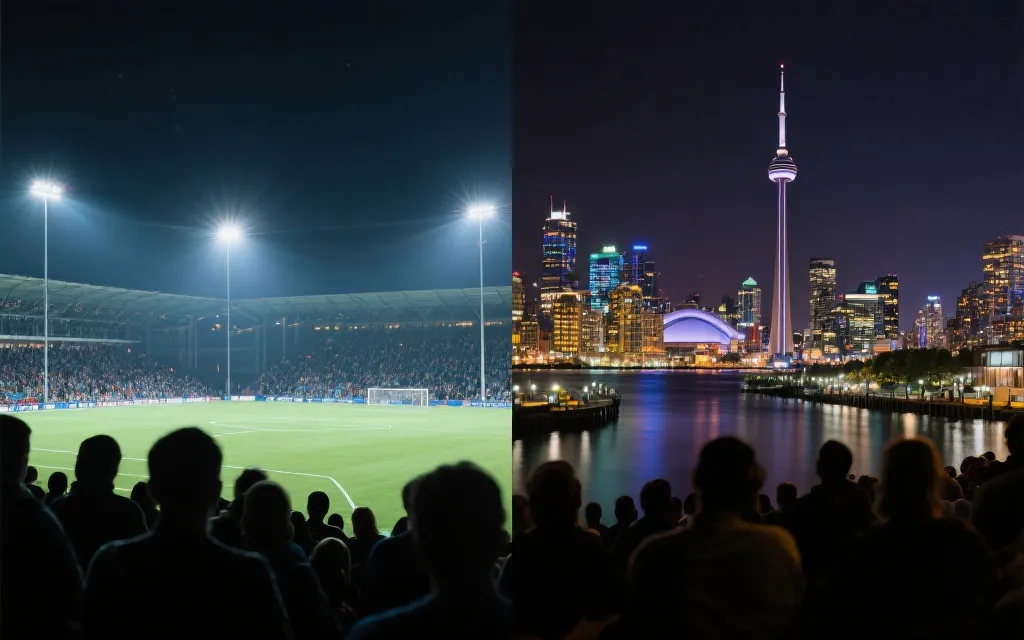 温哥华与多伦多的夜景与球迷观赛氛围拼接概念图