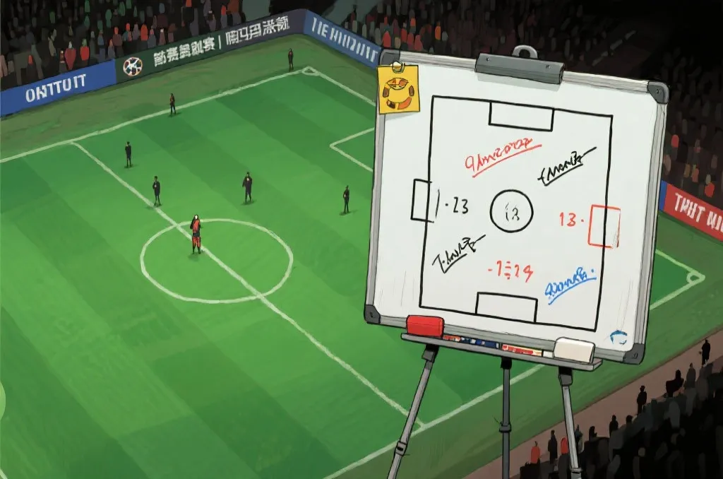 淘汰赛点球大战与比分复盘的战术板风格插画